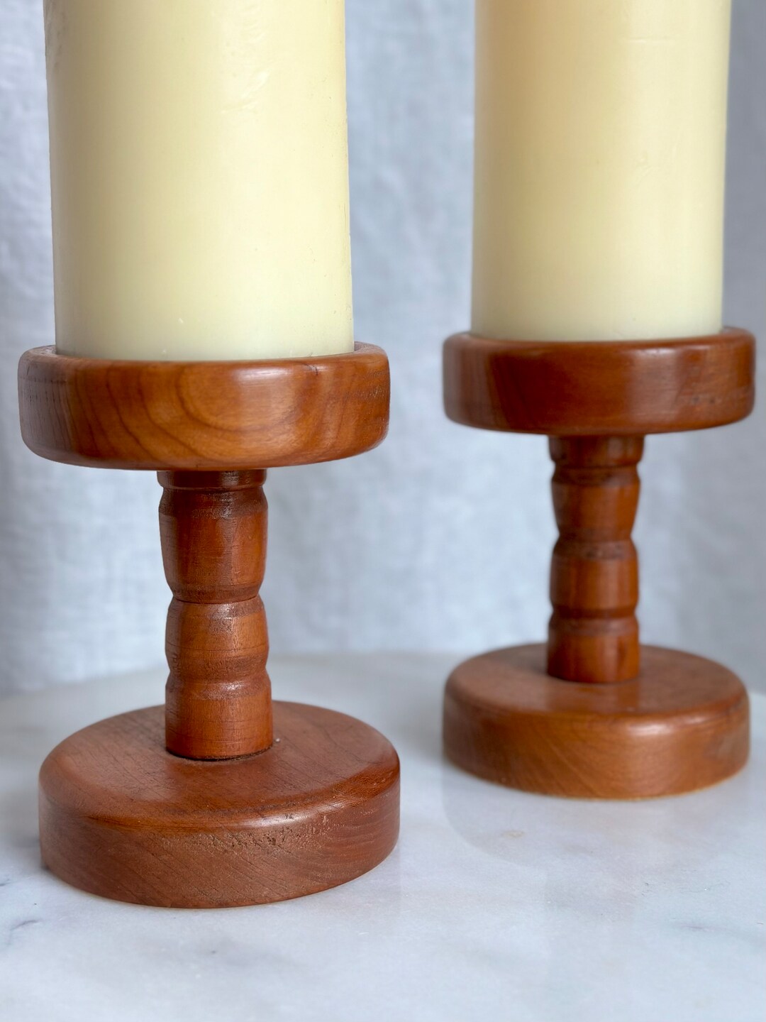 Turned Wood Pillar Candlestick Holders Set of 2 Vintage Teak Etsy