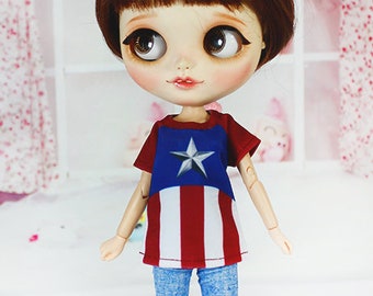 Handmade T-shirt for Blythe / Icy / Pullip / Azone / Momoko / Obitsu Fashion Doll - dress / clothes / outfit 01282 CAPTAIN AMERICA