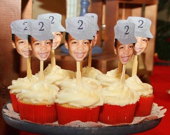Birthday Photo cupcake toppers. Train conductor set of 12 with Glossy finish.
