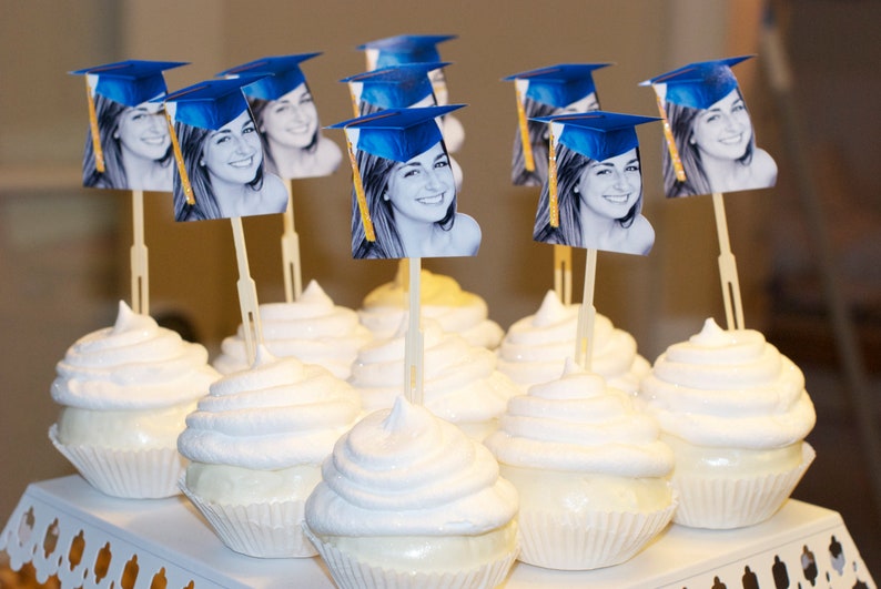 Personalized graduation hat photo cupcake toppers set of 12 waterproof with glossy finish. image 2