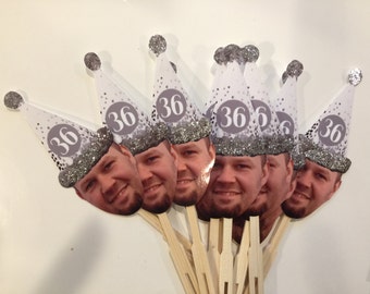 Photo cupcake toppers with Over the hill birthday silver confetti hat. set of 12. Waterproof with glossy finish.