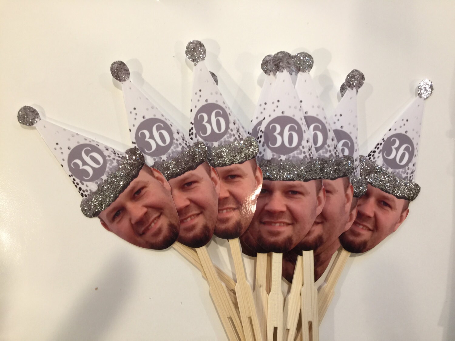 Photo cupcake toppers with Over the hill birthday silver confetti hat set of 12 Waterproof with glossy finish