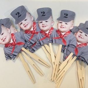Birthday Photo cupcake toppers. Train conductor with scarf. set of 12. Waterproof with glossy finish.