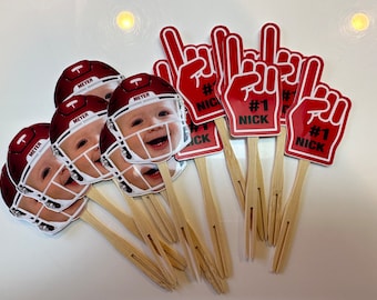 Personalized football helmet photo cupcake toppers. set of 12. Waterproof with glossy finish.