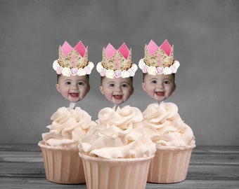 Photo cupcake toppers princess flower glitter crown themed. set of 12. Waterproof with glossy finish.