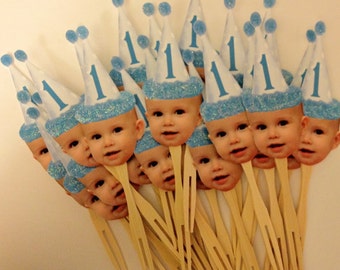 Blue birthday hat photo cupcake toppers set of 12. Waterproof with glossy finish.