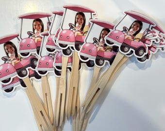 Adornos personalizados para cupcakes con foto de golf. Juego de 12 con acabado brillante. Niña.
