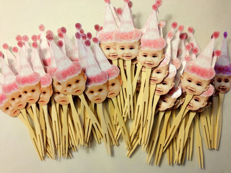 Pink birthday hat photo cupcake toppers set of 12. Waterproof with glossy finish. zdjęcie 5