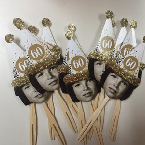 Photo cupcake toppers or drink stirrers with Over the hill birthday or New Years gold or silver hat . set of 12 with Glossy finish.