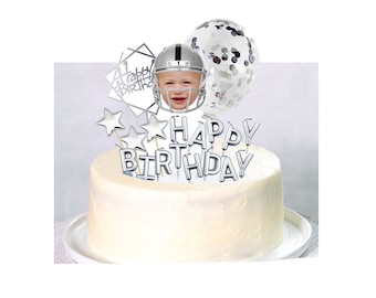 Personalized photo cake topper package in silver