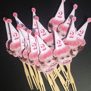 Pink birthday hat photo cupcake toppers set of 12. Waterproof with glossy finish. image 3
