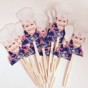Personalized Birthday baker hat photo cupcake toppers. set of 12. Waterproof with glossy finish.
