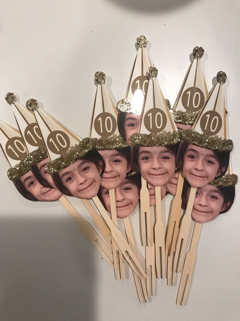 Gold or Sliver birthday hat photo cupcake toppers waterproof and glossy finish. set of 12 image 6