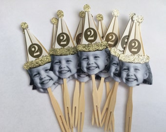 Gold or Sliver birthday hat photo cupcake toppers waterproof and glossy finish. set of 12