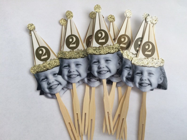 Gold or Sliver birthday hat photo cupcake toppers waterproof and glossy finish. set of 12 image 1