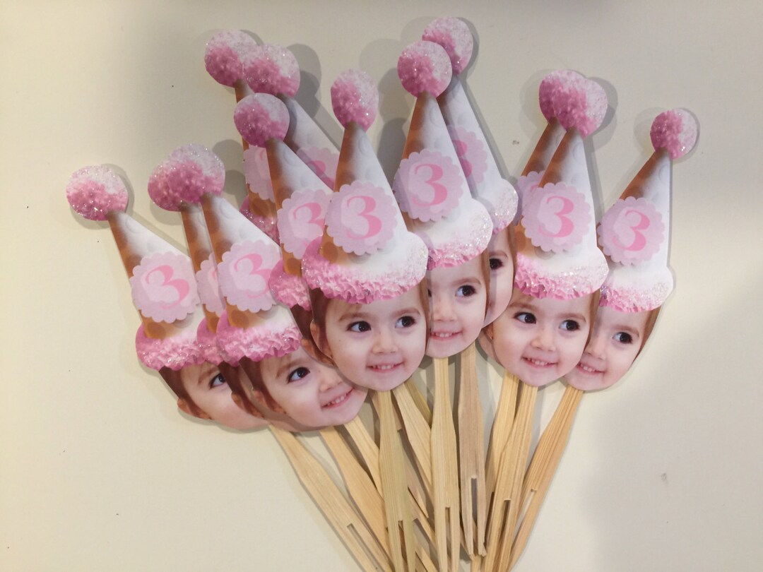 Pink Dot Birthday Hat Photo Cupcake Toppers. Set of 12. Waterproof With ...