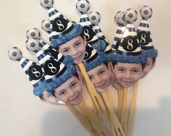 Soccer themed photo cupcake toppers or drink stirrers . Any age added set of 12. Waterproof with glossy finish.