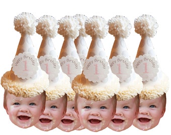 Dot birthday hat photo cupcake toppers sets of 12. Waterproof with glossy finish.