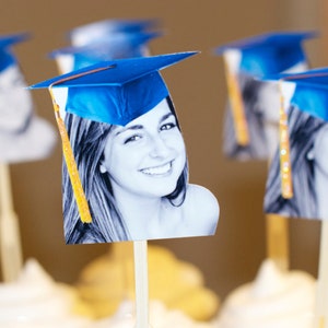 Personalized graduation hat photo cupcake toppers set of 12 waterproof with glossy finish.