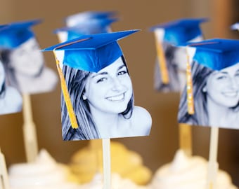 Personalized graduation hat photo cupcake toppers set of 12 waterproof with glossy finish.