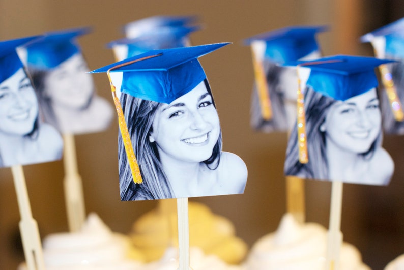 Personalized graduation hat photo cupcake toppers set of 12 waterproof with glossy finish. image 1