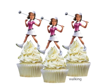Adornos personalizados para cupcakes con foto de golf. Juego de 12 con acabado brillante. Niña.