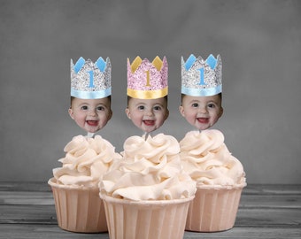 Photo cupcake toppers glitter princess or prince crown.  set of 12. Waterproof with glossy finish.