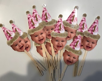 Photo cupcake toppers or drink stirrers with Pink confetti hat. Any age can be made set of 12. Waterproof with glossy finish.