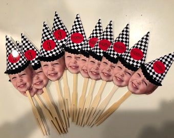 Race car themed birthday hat photo cupcake toppers. set of 12. Waterproof with glossy finish.