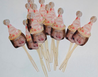 Dot birthday hat photo cupcake toppers. Set of 12 with Glossy finish.