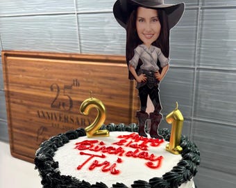 Adorno para tarta con foto personalizada de vaquera grande. Juego de uno, acabado brillante de 6".