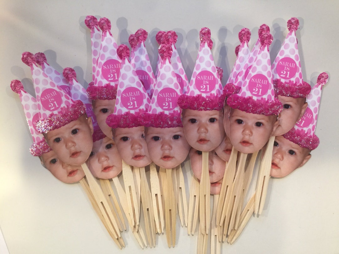Pink Dot Birthday Hat Photo Cupcake Toppers. Set of 12 With Glossy ...
