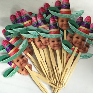 Personalized mexican hat sombrero photo cupcake toppers. set of 12 with Glossy finish.