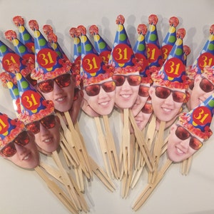 Photo cupcake toppers with circus dot hat. set of 12. Waterproof with glossy finish.