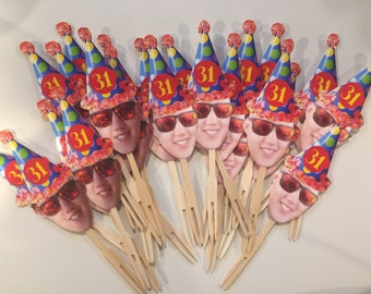 Photo cupcake toppers with circus dot hat. set of 12. Waterproof with glossy finish.