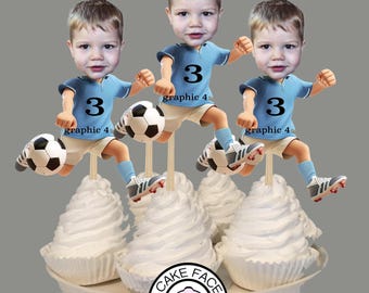 Adornos para cupcakes con foto de fútbol personalizados. Juego de 12 con acabado brillante.