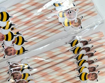 Pajitas personalizadas con forma de abeja. Juego de 12 unidades con acabado brillante.