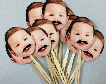 Mr. Man mustache Birthday Photo cupcake toppers. set of 12. Waterproof with glossy finish.