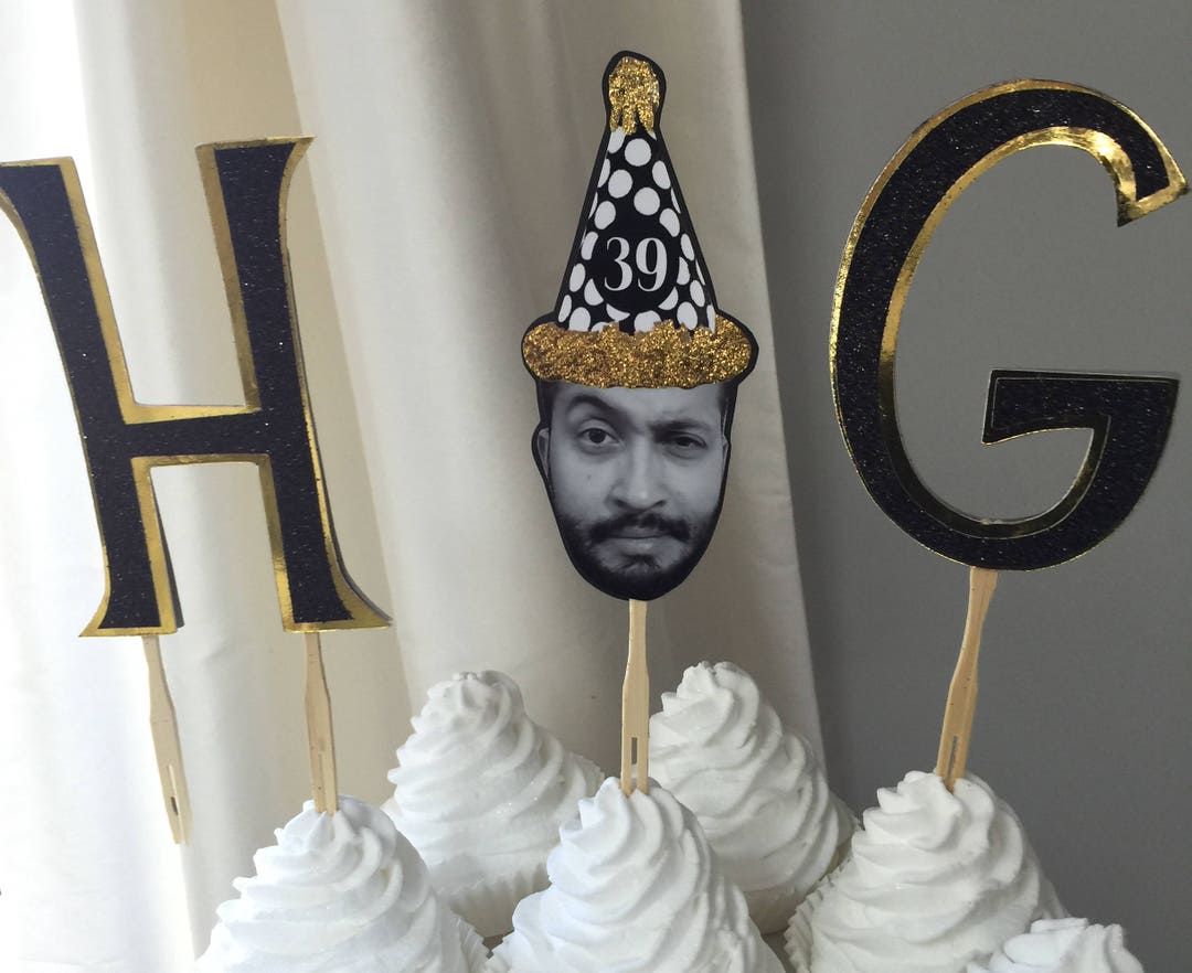 Large Gold Themed Glitter Personalized Photo Cake Topper Etsy