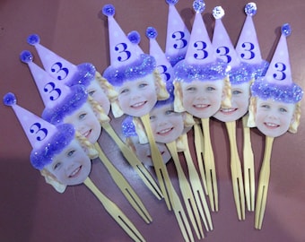 Purple hat birthday photo cupcake toppers. set of 12. Waterproof with glossy finish.