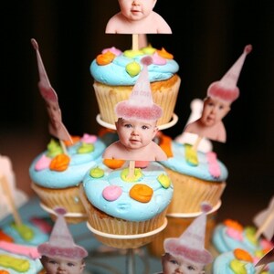 Pink birthday hat photo cupcake toppers set of 12. Waterproof with glossy finish. image 1