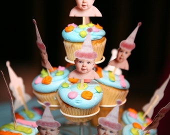Pink birthday hat photo cupcake toppers 1.