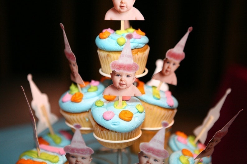 Pink birthday hat photo cupcake toppers set of 12. Waterproof with glossy finish. image 1