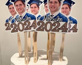 Personalized any year graduation hat photo cupcake toppers with name. set of 12. Waterproof with glossy finish.