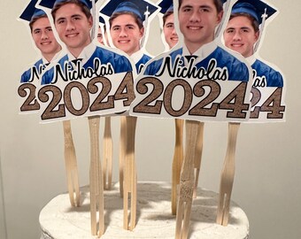 Personalized 2024 graduation hat photo cupcake toppers with name. set of 12. Waterproof with glossy finish.