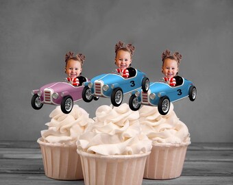 Adornos para cupcakes con foto de coche personalizados. Juego de 12 con acabado brillante.