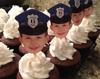 Photo cupcake toppers with POLICE HAT. set of 12. Waterproof with glossy finish.