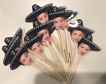 Sombrero mariachi Mexican hat photo cupcake toppers or drink stirrers . set of 12. Waterproof with glossy finish