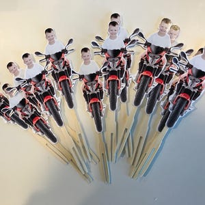 Motorcycle themed cupcake toppers. Set of 12. Waterproof with glossy finish.
