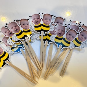 Personalized TWIN bumble bee photo cupcake toppers with glitter. set of 12 Waterproof with glossy finish.